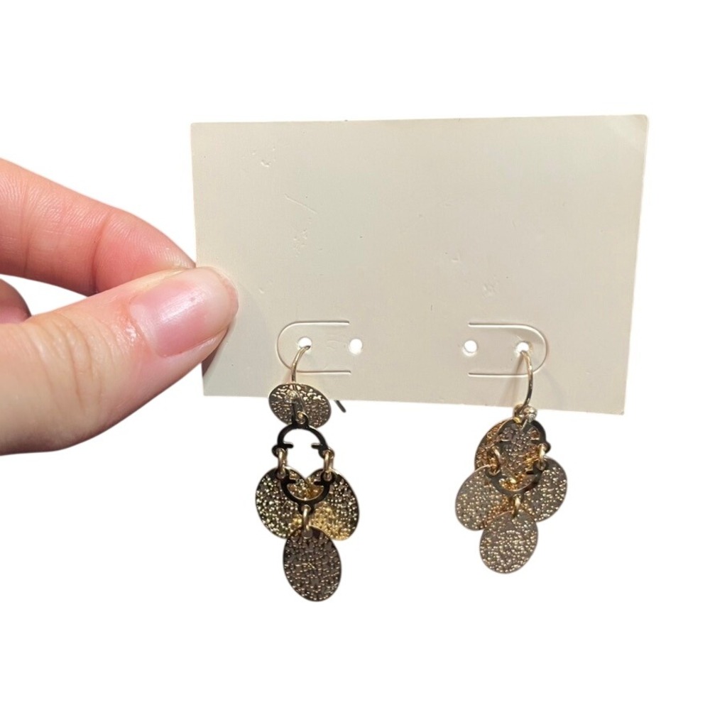 Gold Tone Textured Disc Chandelier Drop Earrings Boho Filigree Tiered Dangle